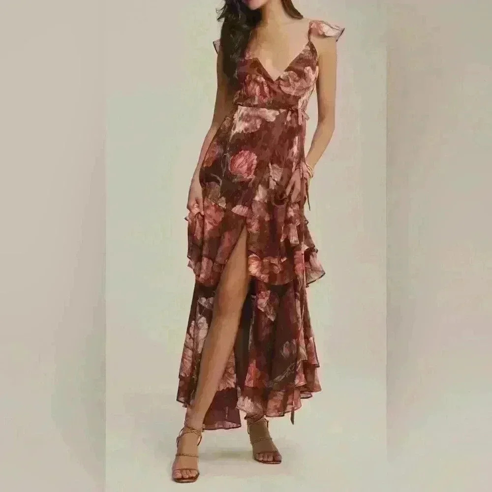 Anthropologie Hutch $240 Senna Floral‎ Tiered Maxi Wrap Dress Feminine Boho Red